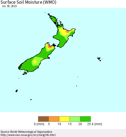 New Zealand Surface Soil Moisture (WMO) Thematic Map For 7/24/2023 - 7/30/2023