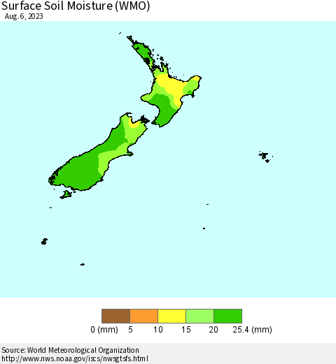 New Zealand Surface Soil Moisture (WMO) Thematic Map For 7/31/2023 - 8/6/2023