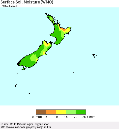 New Zealand Surface Soil Moisture (WMO) Thematic Map For 8/7/2023 - 8/13/2023