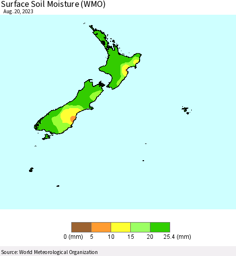 New Zealand Surface Soil Moisture (WMO) Thematic Map For 8/14/2023 - 8/20/2023