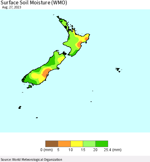 New Zealand Surface Soil Moisture (WMO) Thematic Map For 8/21/2023 - 8/27/2023