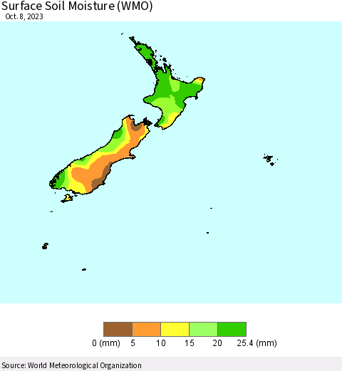 New Zealand Surface Soil Moisture (WMO) Thematic Map For 10/2/2023 - 10/8/2023