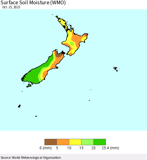 New Zealand Surface Soil Moisture (WMO) Thematic Map For 10/9/2023 - 10/15/2023
