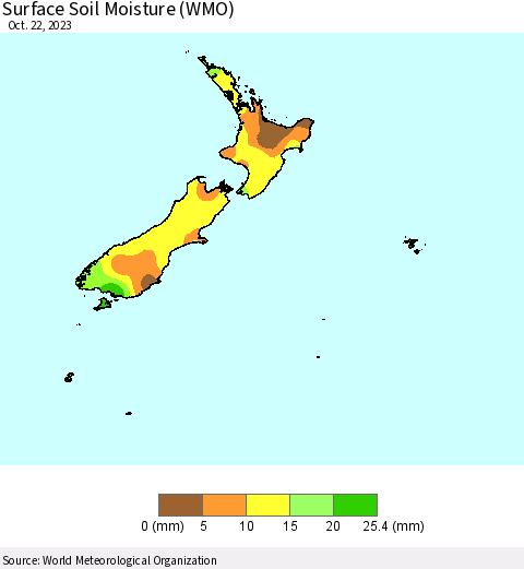 New Zealand Surface Soil Moisture (WMO) Thematic Map For 10/16/2023 - 10/22/2023