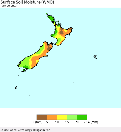 New Zealand Surface Soil Moisture (WMO) Thematic Map For 10/23/2023 - 10/29/2023