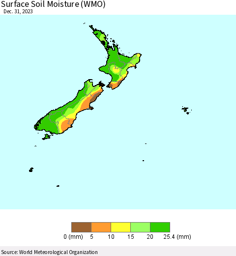 New Zealand Surface Soil Moisture (WMO) Thematic Map For 12/25/2023 - 12/31/2023