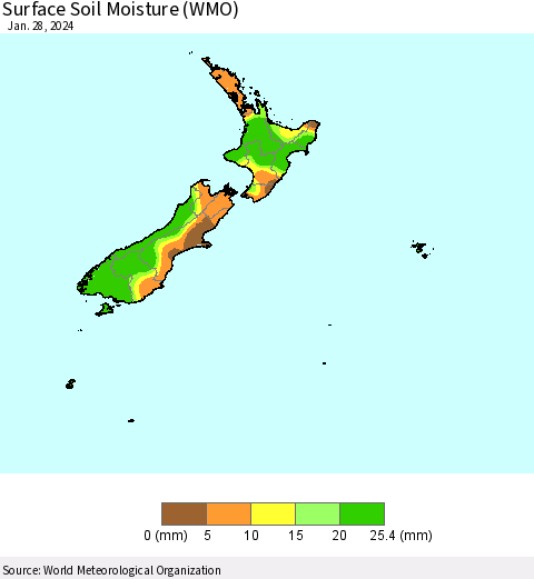 New Zealand Surface Soil Moisture (WMO) Thematic Map For 1/22/2024 - 1/28/2024
