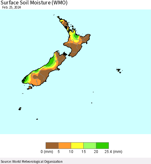 New Zealand Surface Soil Moisture (WMO) Thematic Map For 2/19/2024 - 2/25/2024