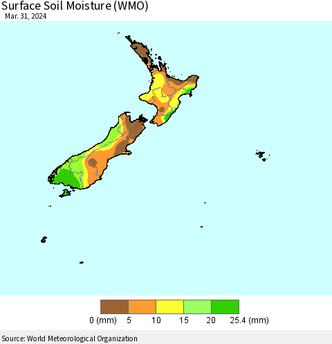 New Zealand Surface Soil Moisture (WMO) Thematic Map For 3/25/2024 - 3/31/2024