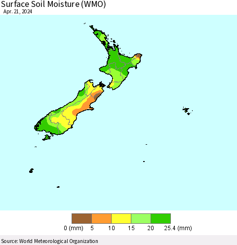 New Zealand Surface Soil Moisture (WMO) Thematic Map For 4/15/2024 - 4/21/2024