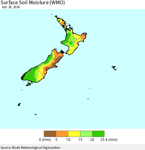 New Zealand Surface Soil Moisture (WMO) Thematic Map For 4/22/2024 - 4/28/2024