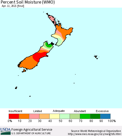 New Zealand Percent Soil Moisture (WMO) Thematic Map For 4/5/2021 - 4/11/2021