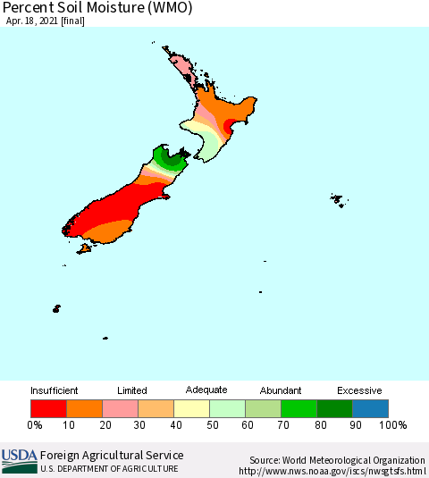 New Zealand Percent Soil Moisture (WMO) Thematic Map For 4/12/2021 - 4/18/2021