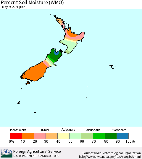 New Zealand Percent Soil Moisture (WMO) Thematic Map For 5/3/2021 - 5/9/2021