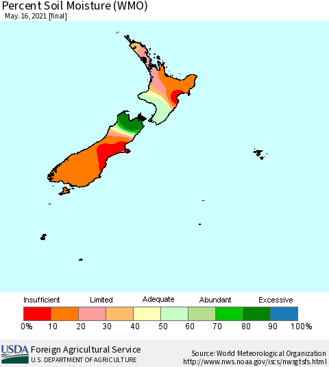 New Zealand Percent Soil Moisture (WMO) Thematic Map For 5/10/2021 - 5/16/2021