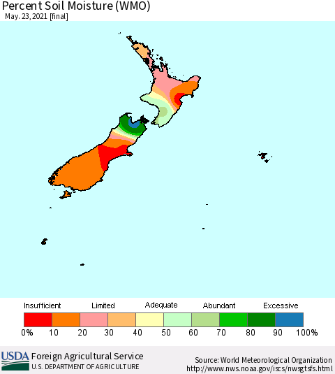 New Zealand Percent Soil Moisture (WMO) Thematic Map For 5/17/2021 - 5/23/2021