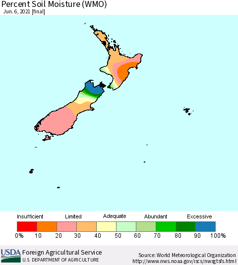 New Zealand Percent Soil Moisture (WMO) Thematic Map For 5/31/2021 - 6/6/2021