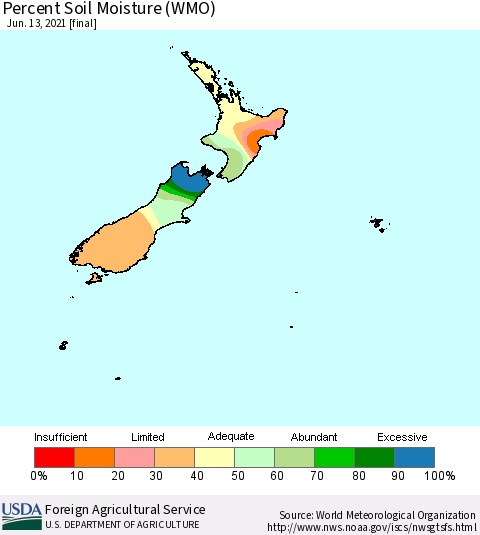 New Zealand Percent Soil Moisture (WMO) Thematic Map For 6/7/2021 - 6/13/2021