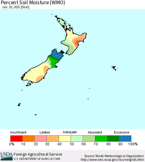 New Zealand Percent Soil Moisture (WMO) Thematic Map For 6/14/2021 - 6/20/2021