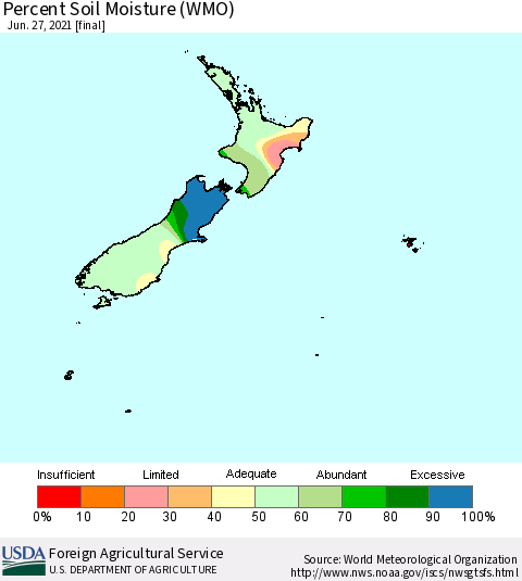 New Zealand Percent Soil Moisture (WMO) Thematic Map For 6/21/2021 - 6/27/2021