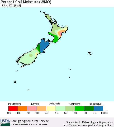New Zealand Percent Soil Moisture (WMO) Thematic Map For 6/28/2021 - 7/4/2021