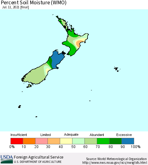 New Zealand Percent Soil Moisture (WMO) Thematic Map For 7/5/2021 - 7/11/2021