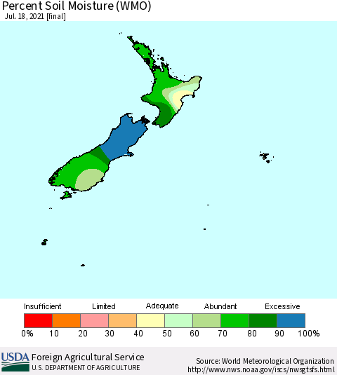 New Zealand Percent Soil Moisture (WMO) Thematic Map For 7/12/2021 - 7/18/2021
