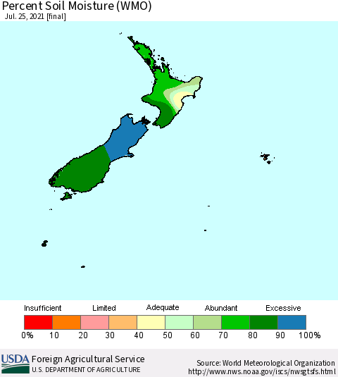 New Zealand Percent Soil Moisture (WMO) Thematic Map For 7/19/2021 - 7/25/2021