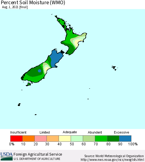 New Zealand Percent Soil Moisture (WMO) Thematic Map For 7/26/2021 - 8/1/2021