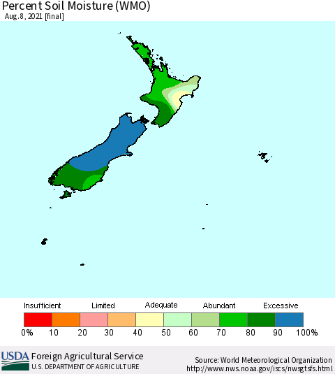 New Zealand Percent Soil Moisture (WMO) Thematic Map For 8/2/2021 - 8/8/2021