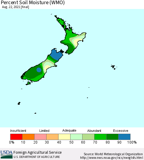 New Zealand Percent Soil Moisture (WMO) Thematic Map For 8/16/2021 - 8/22/2021