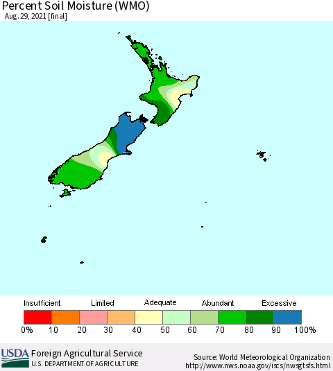 New Zealand Percent Soil Moisture (WMO) Thematic Map For 8/23/2021 - 8/29/2021