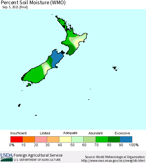 New Zealand Percent Soil Moisture (WMO) Thematic Map For 8/30/2021 - 9/5/2021