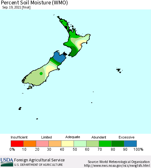 New Zealand Percent Soil Moisture (WMO) Thematic Map For 9/13/2021 - 9/19/2021