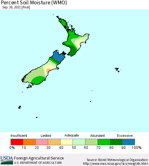 New Zealand Percent Soil Moisture (WMO) Thematic Map For 9/20/2021 - 9/26/2021