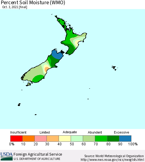 New Zealand Percent Soil Moisture (WMO) Thematic Map For 9/27/2021 - 10/3/2021