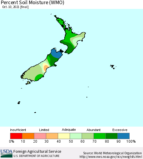 New Zealand Percent Soil Moisture (WMO) Thematic Map For 10/4/2021 - 10/10/2021