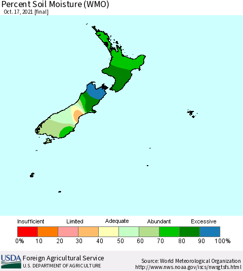 New Zealand Percent Soil Moisture (WMO) Thematic Map For 10/11/2021 - 10/17/2021