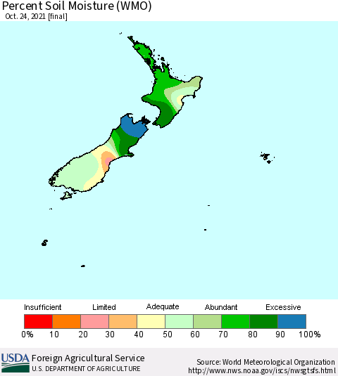 New Zealand Percent Soil Moisture (WMO) Thematic Map For 10/18/2021 - 10/24/2021