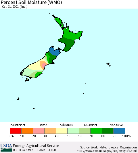 New Zealand Percent Soil Moisture (WMO) Thematic Map For 10/25/2021 - 10/31/2021