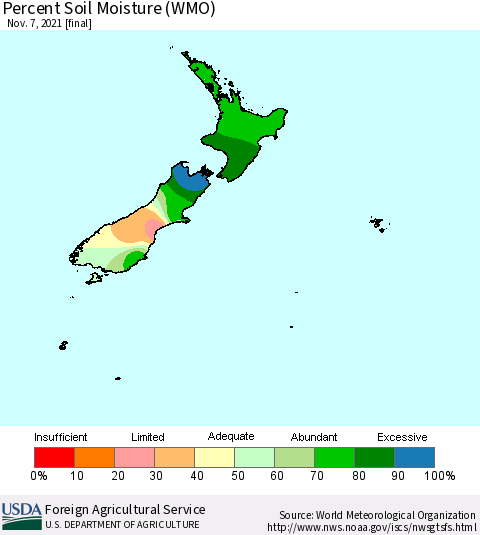 New Zealand Percent Soil Moisture (WMO) Thematic Map For 11/1/2021 - 11/7/2021