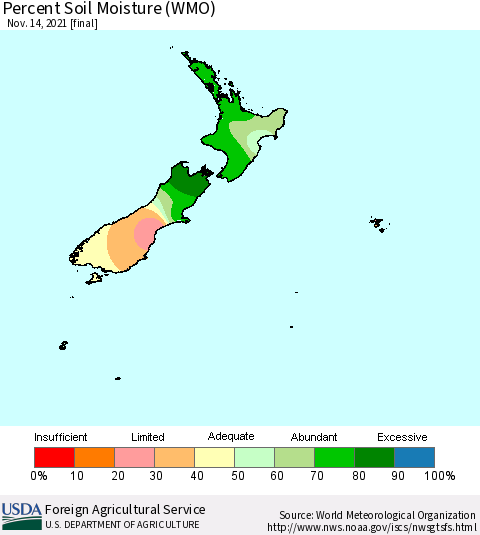 New Zealand Percent Soil Moisture (WMO) Thematic Map For 11/8/2021 - 11/14/2021