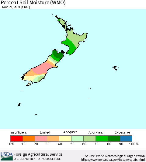 New Zealand Percent Soil Moisture (WMO) Thematic Map For 11/15/2021 - 11/21/2021