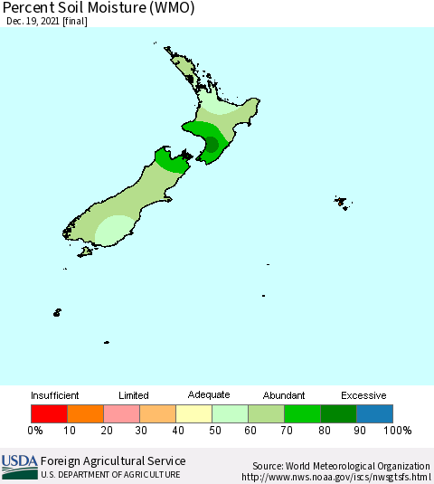 New Zealand Percent Soil Moisture (WMO) Thematic Map For 12/13/2021 - 12/19/2021