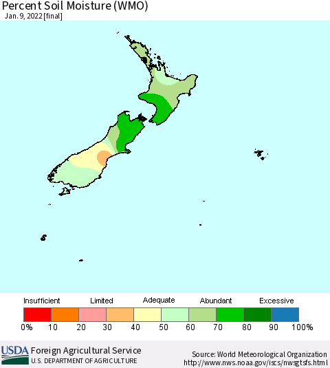 New Zealand Percent Soil Moisture (WMO) Thematic Map For 1/3/2022 - 1/9/2022