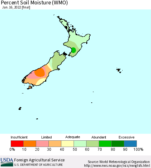 New Zealand Percent Soil Moisture (WMO) Thematic Map For 1/10/2022 - 1/16/2022