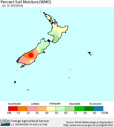 New Zealand Percent Soil Moisture (WMO) Thematic Map For 1/17/2022 - 1/23/2022