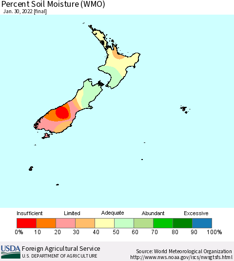New Zealand Percent Soil Moisture (WMO) Thematic Map For 1/24/2022 - 1/30/2022