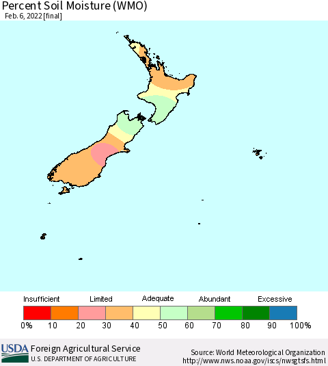 New Zealand Percent Soil Moisture (WMO) Thematic Map For 1/31/2022 - 2/6/2022