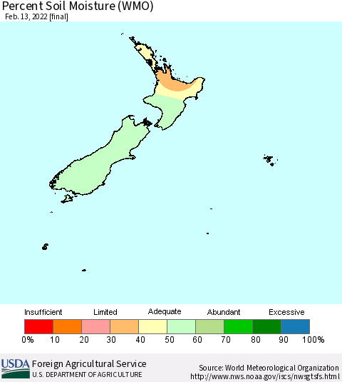 New Zealand Percent Soil Moisture (WMO) Thematic Map For 2/7/2022 - 2/13/2022